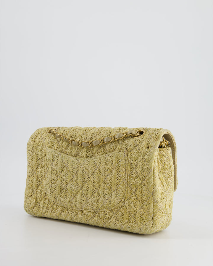 *SUPER HOT* Top Quality Chanel Beige Raffia Medium Classic Double Flap Bag with Brushed Gold Hardware and Gold Leather Interior