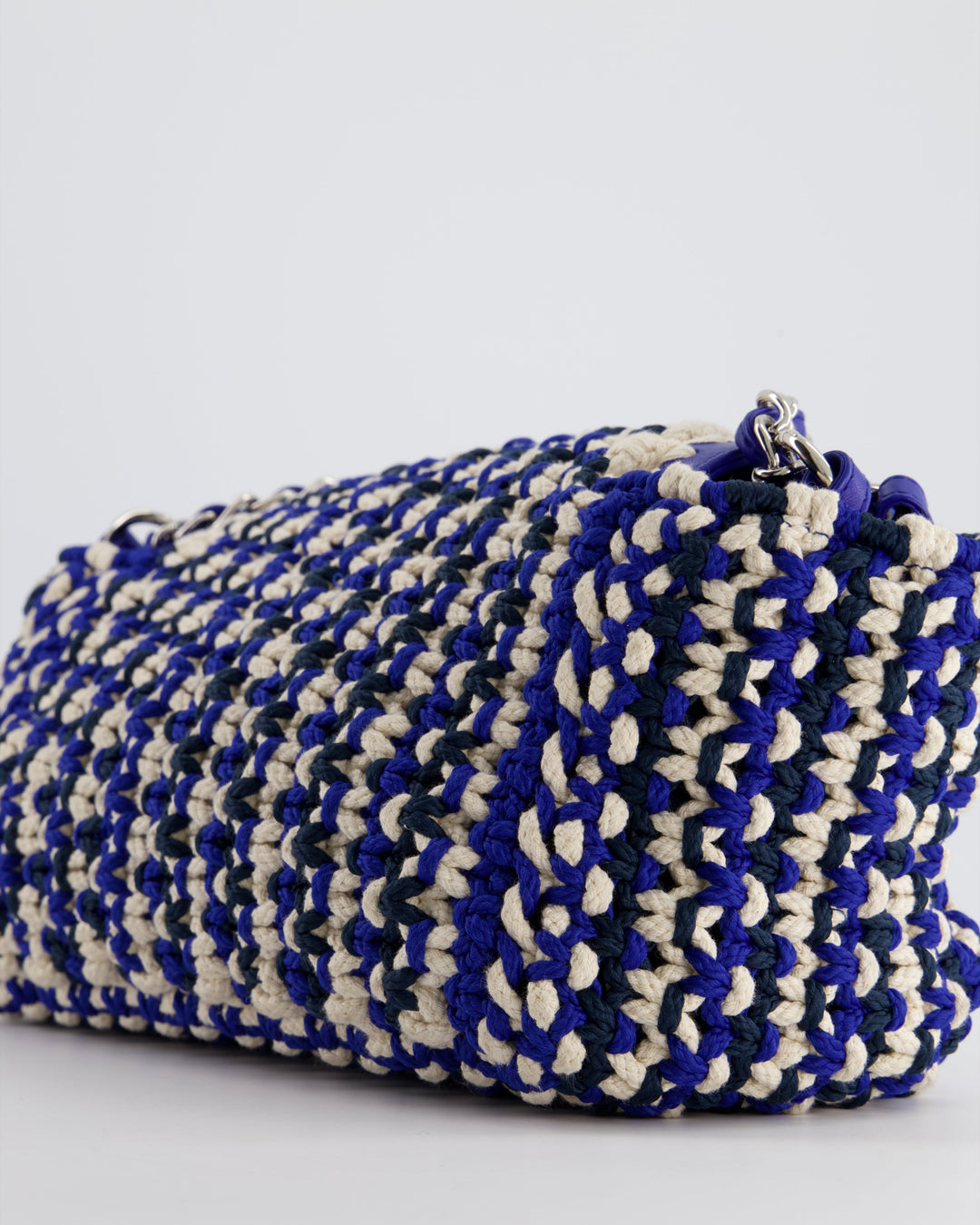*RARE* Top Quality Chanel Navy, Blue and Cream Crochet Flap Bag with Silver Hardware