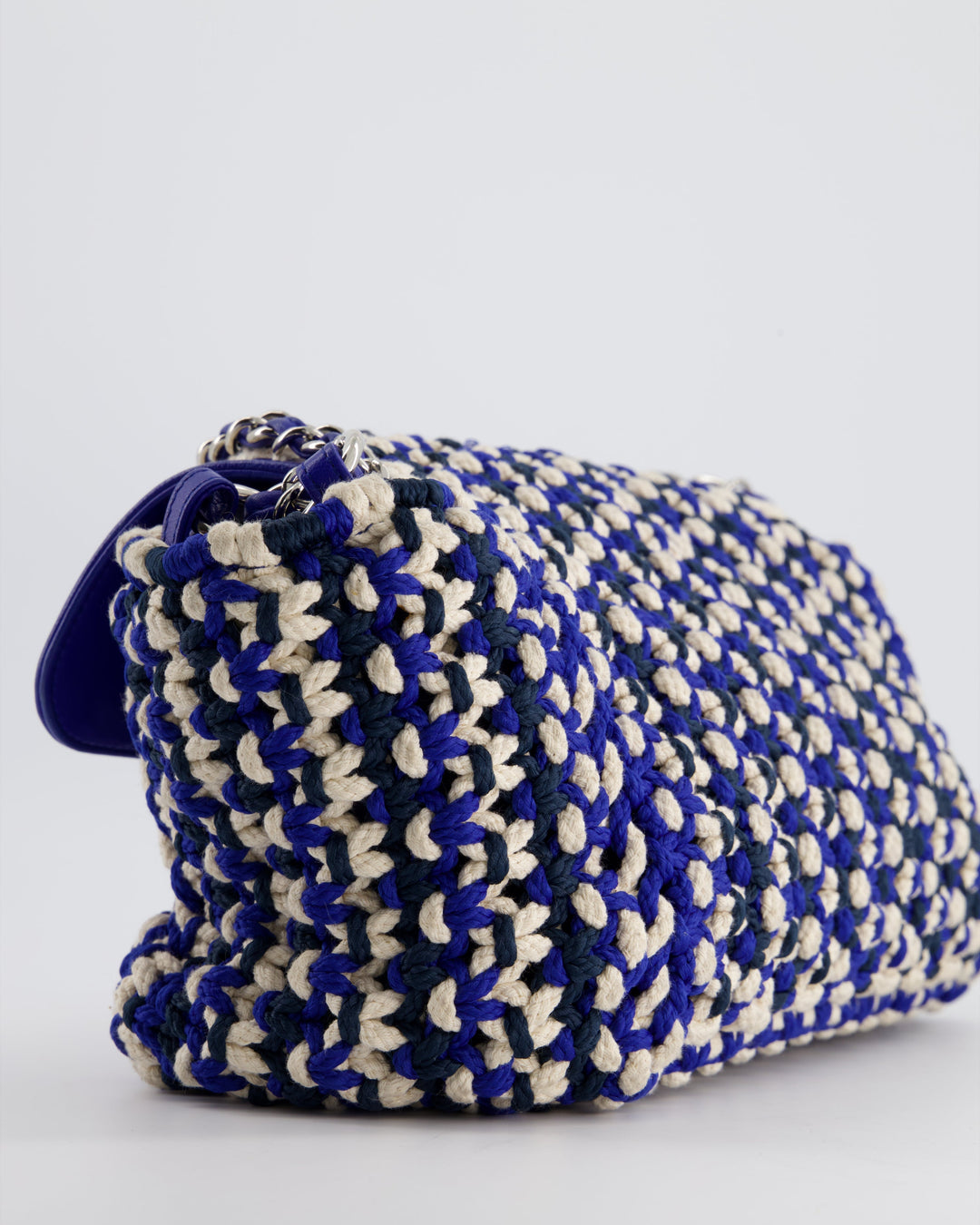 *RARE* Top Quality Chanel Navy, Blue and Cream Crochet Flap Bag with Silver Hardware
