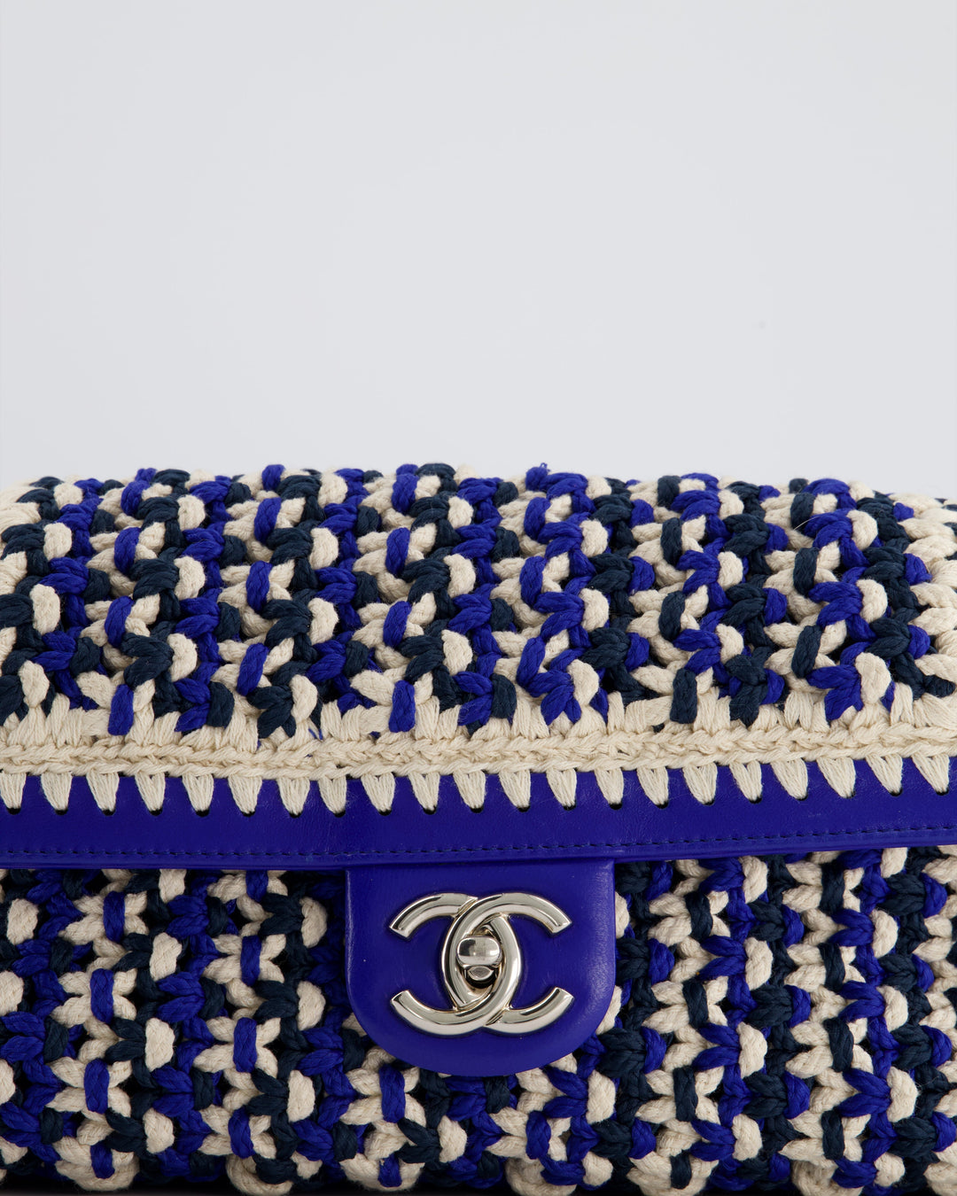 *RARE* Top Quality Chanel Navy, Blue and Cream Crochet Flap Bag with Silver Hardware