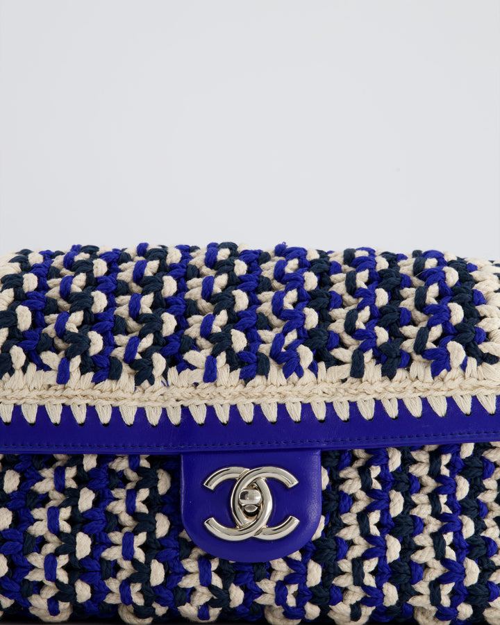 *RARE* Top Quality Chanel Navy, Blue and Cream Crochet Flap Bag with Silver Hardware