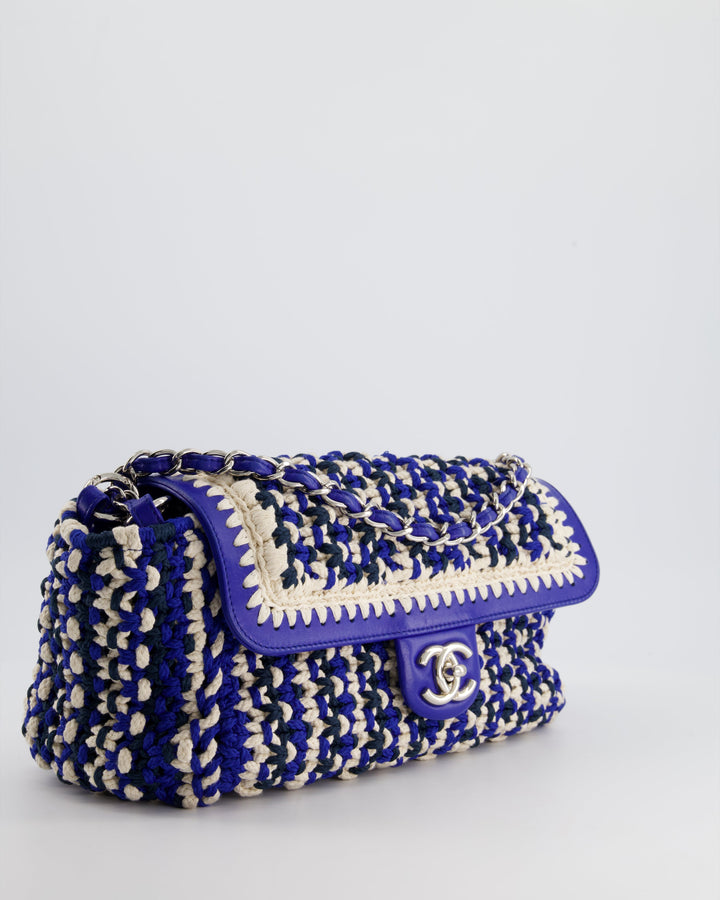 *RARE* Top Quality Chanel Navy, Blue and Cream Crochet Flap Bag with Silver Hardware