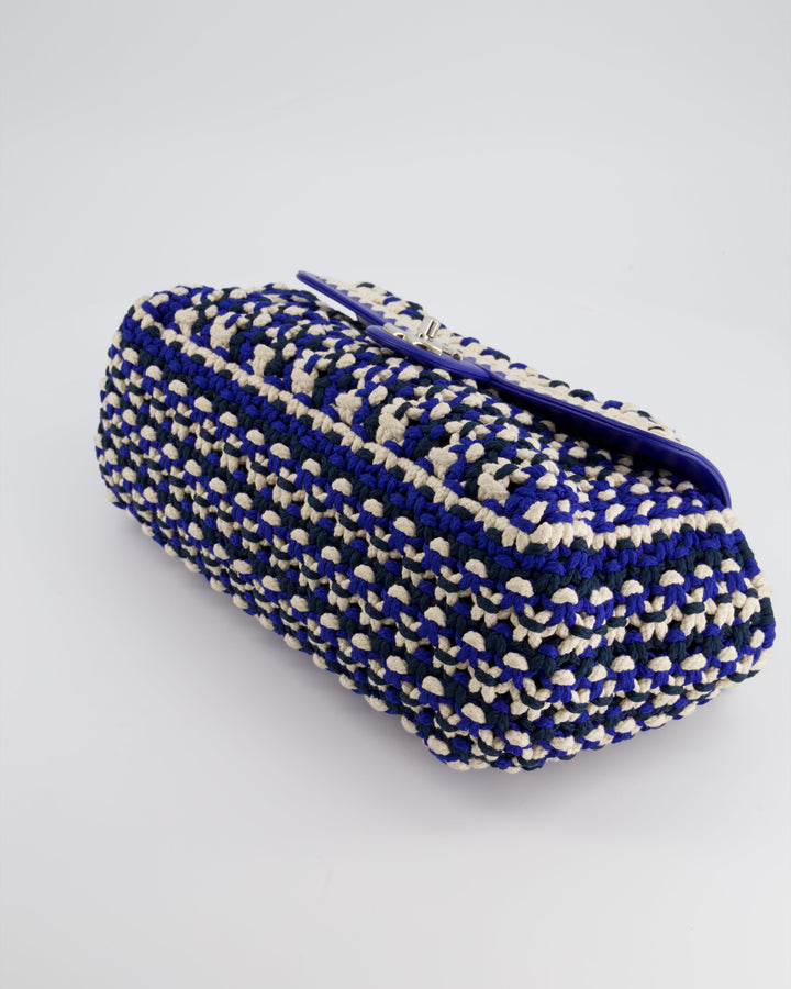 *RARE* Top Quality Chanel Navy, Blue and Cream Crochet Flap Bag with Silver Hardware