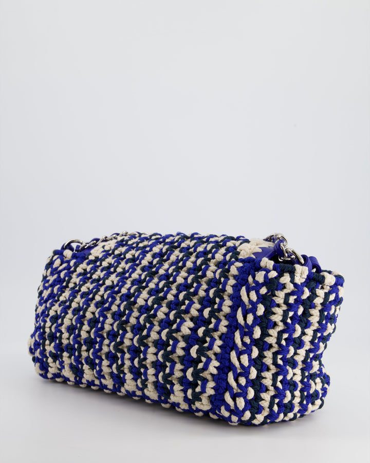 *RARE* Top Quality Chanel Navy, Blue and Cream Crochet Flap Bag with Silver Hardware