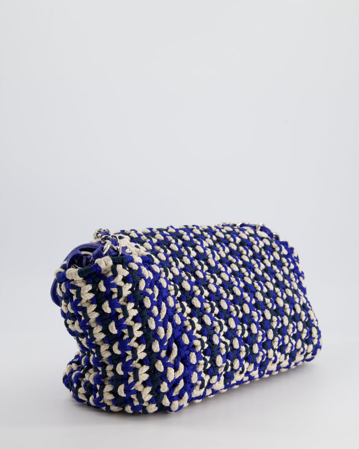 *RARE* Top Quality Chanel Navy, Blue and Cream Crochet Flap Bag with Silver Hardware