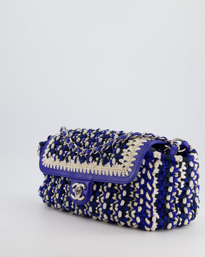 *RARE* Top Quality Chanel Navy, Blue and Cream Crochet Flap Bag with Silver Hardware
