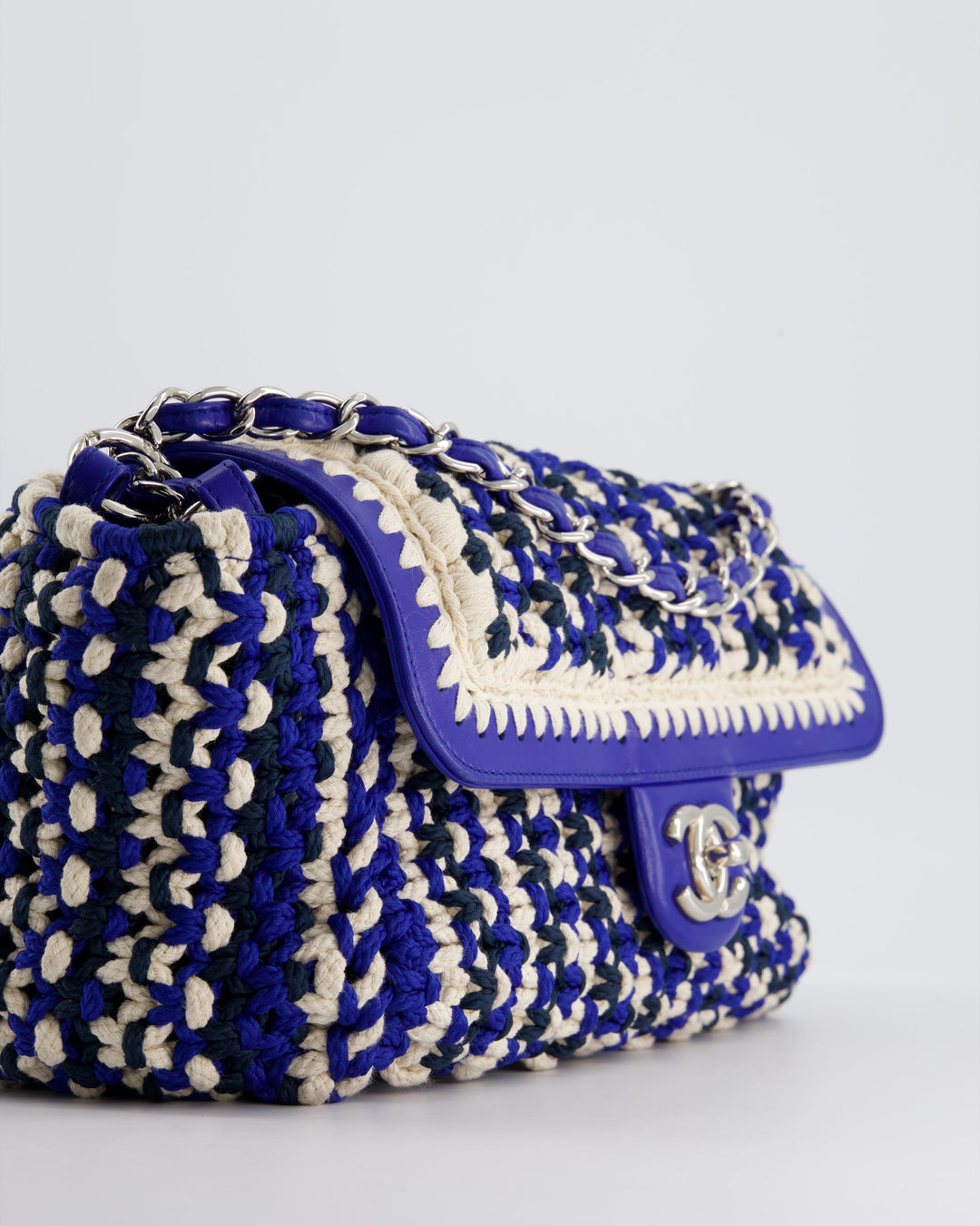*RARE* Top Quality Chanel Navy, Blue and Cream Crochet Flap Bag with Silver Hardware