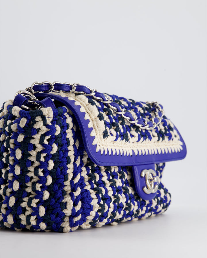 *RARE* Top Quality Chanel Navy, Blue and Cream Crochet Flap Bag with Silver Hardware