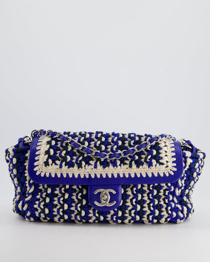 *RARE* Top Quality Chanel Navy, Blue and Cream Crochet Flap Bag with Silver Hardware
