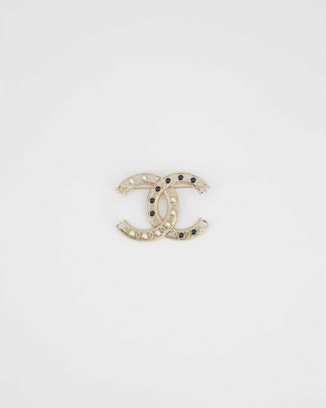 *HOT* Chanel Large CC Pearls and Blue Crystals Brooch with Champagne Gold Hardware&nbsp;