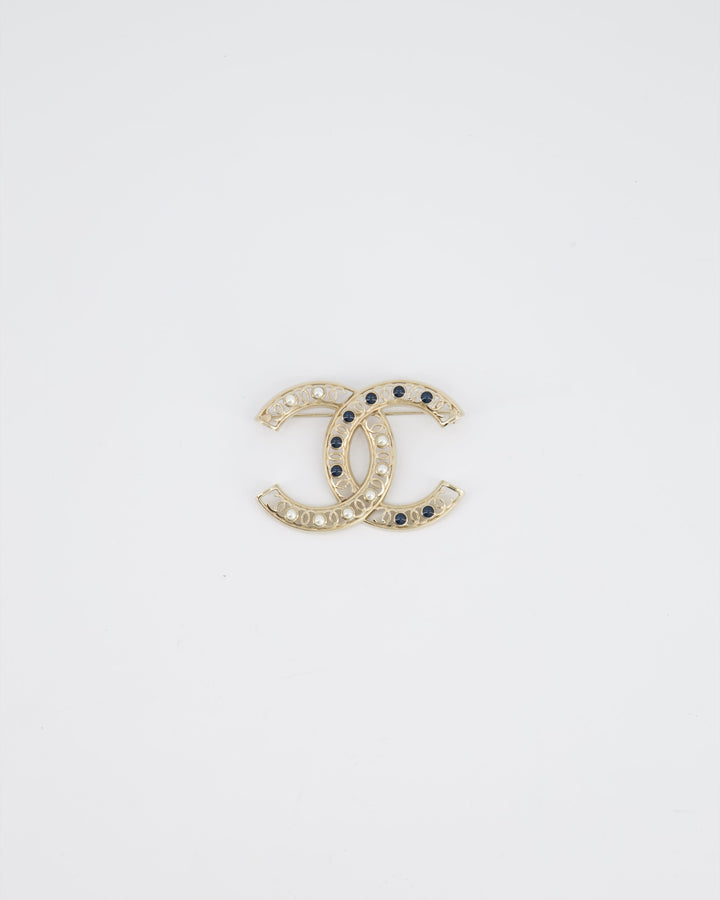 *HOT* Chanel Large CC Pearls and Blue Crystals Brooch with Champagne Gold Hardware&nbsp;