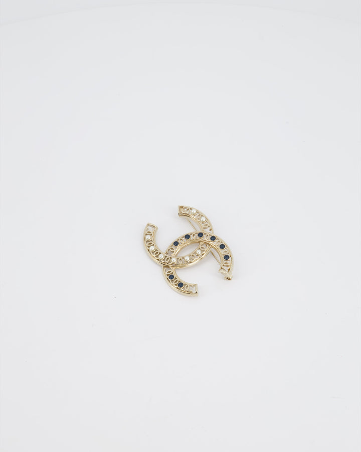 *HOT* Top Quality Chanel Large CC Pearls and Blue Crystals Brooch with Champagne Gold Hardware&nbsp;
