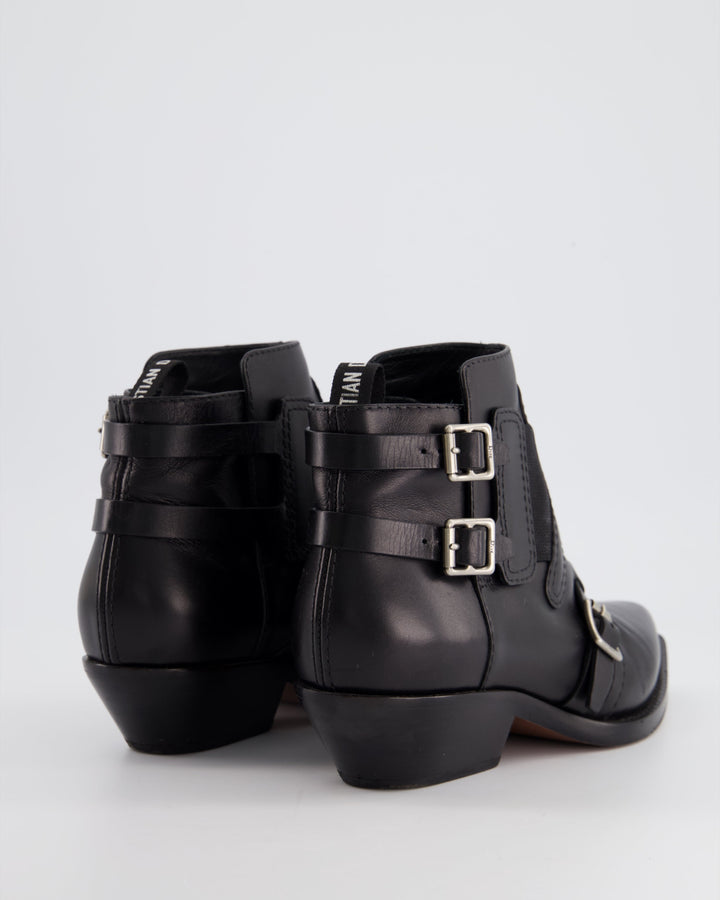 Christian Top quality Dior Black Leather Ankle Saddle Boots with Silver Buckle Size EU 37.5