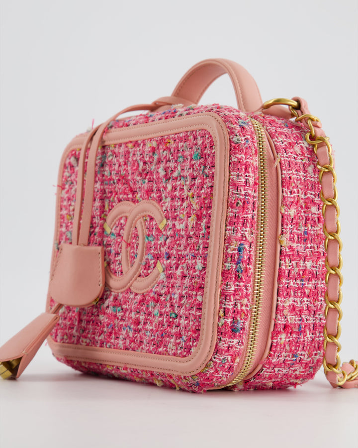 *SUPER HOT* Top Quality Chanel Pink Medium CC Filigree Vanity Case Bag in Tweed with Brushed Gold Hardware and Chain Detail