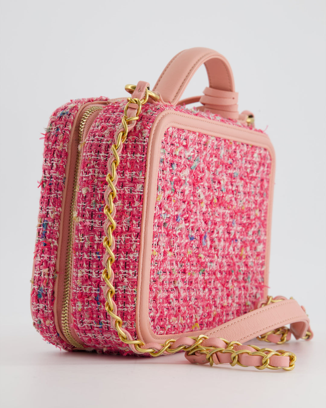 *SUPER HOT* Top Quality Chanel Pink Medium CC Filigree Vanity Case Bag in Tweed with Brushed Gold Hardware and Chain Detail