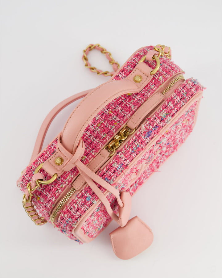 *SUPER HOT* Top Quality Chanel Pink Medium CC Filigree Vanity Case Bag in Tweed with Brushed Gold Hardware and Chain Detail