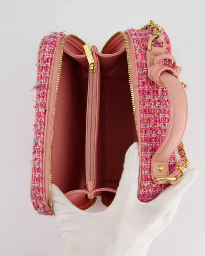 *SUPER HOT* Top Quality Chanel Pink Medium CC Filigree Vanity Case Bag in Tweed with Brushed Gold Hardware and Chain Detail
