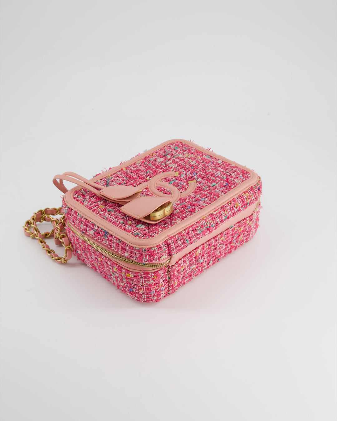 *SUPER HOT* Top Quality Chanel Pink Medium CC Filigree Vanity Case Bag in Tweed with Brushed Gold Hardware and Chain Detail