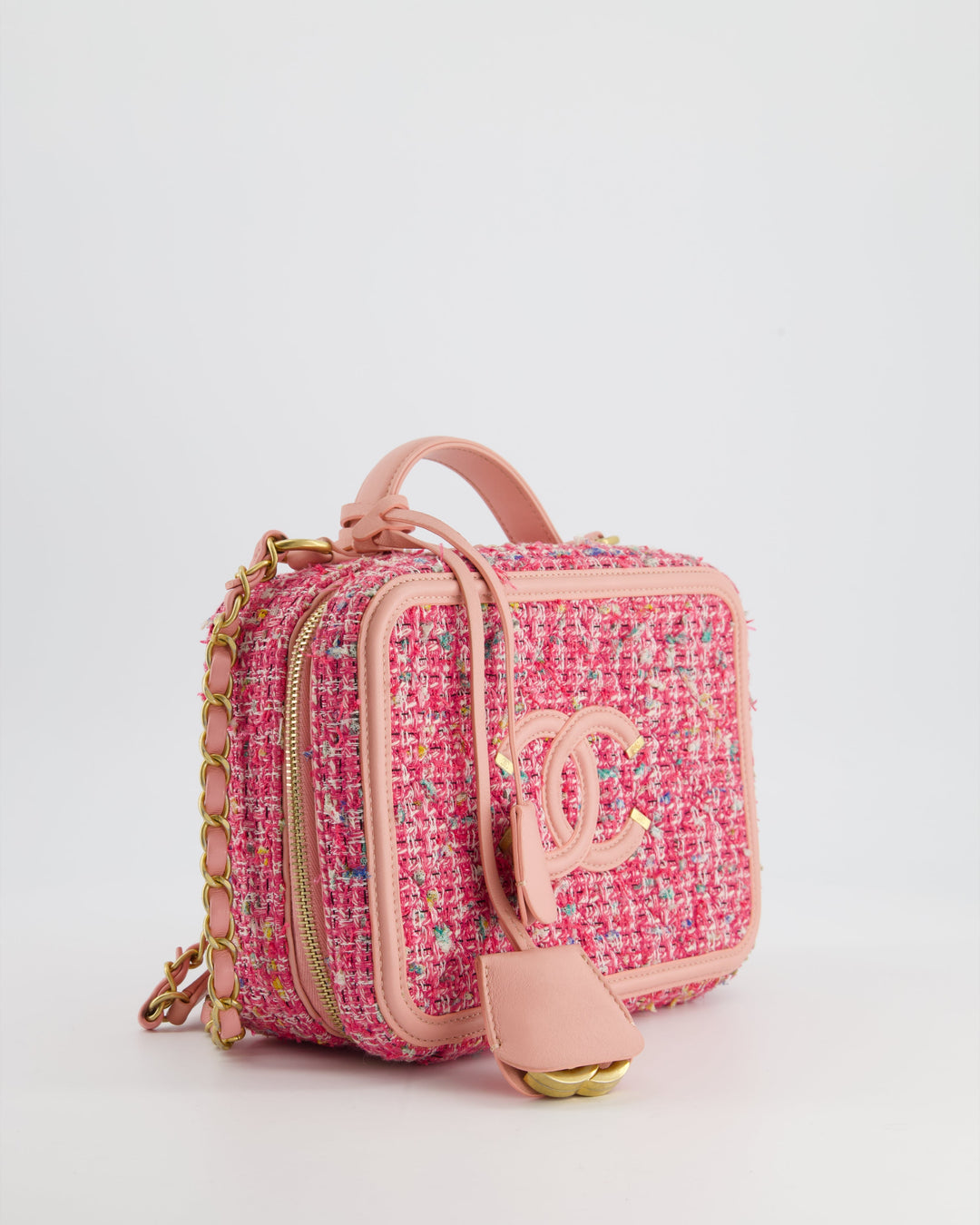 *SUPER HOT* Top Quality Chanel Pink Medium CC Filigree Vanity Case Bag in Tweed with Brushed Gold Hardware and Chain Detail