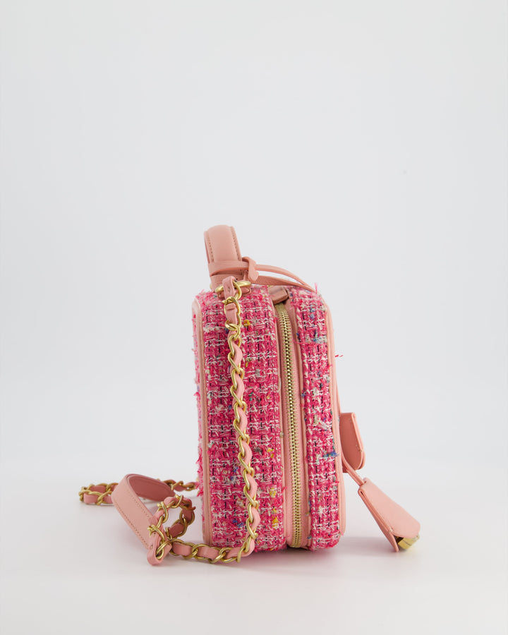 *SUPER HOT* Top Quality Chanel Pink Medium CC Filigree Vanity Case Bag in Tweed with Brushed Gold Hardware and Chain Detail