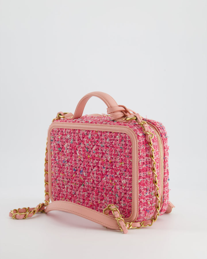 *SUPER HOT* Top Quality Chanel Pink Medium CC Filigree Vanity Case Bag in Tweed with Brushed Gold Hardware and Chain Detail