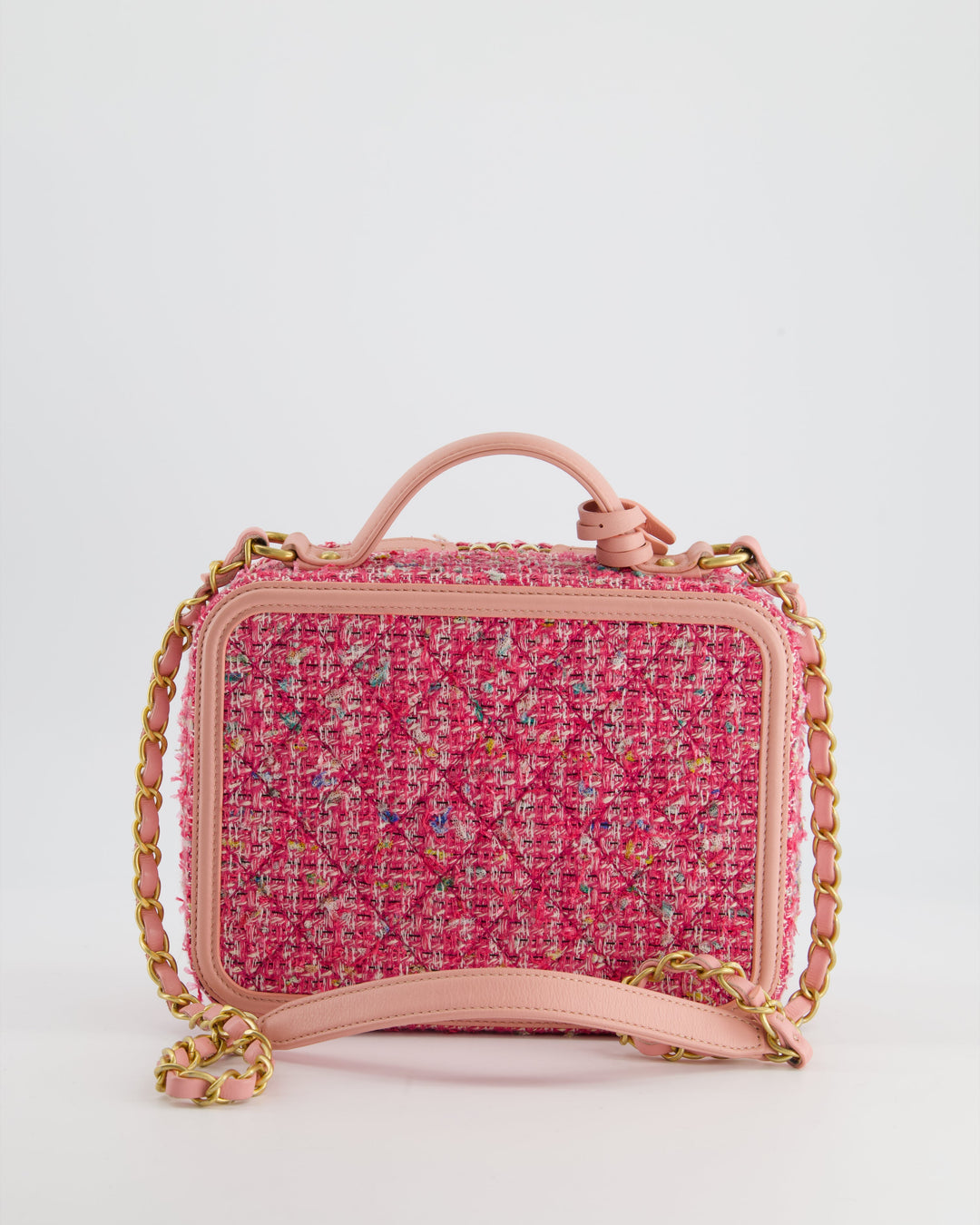 *SUPER HOT* Chanel Pink Medium CC Filigree Vanity Case Bag in Tweed with Brushed Gold Hardware and Chain Detail