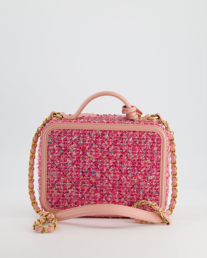 *SUPER HOT* Chanel Pink Medium CC Filigree Vanity Case Bag in Tweed with Brushed Gold Hardware and Chain Detail