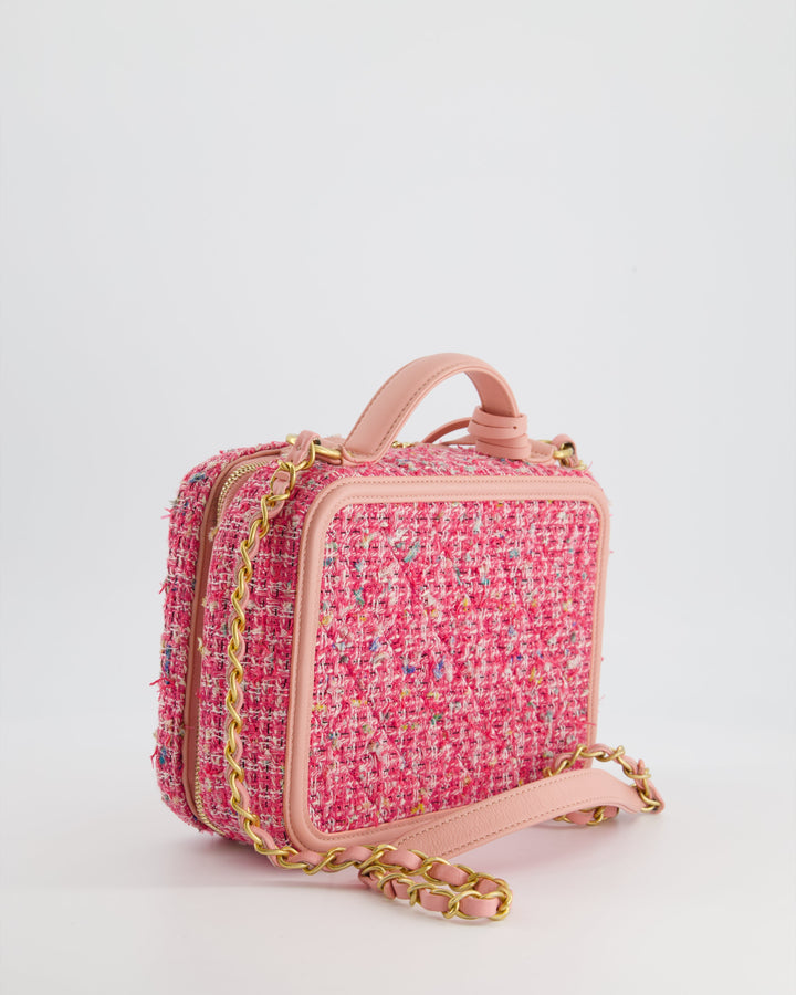 *SUPER HOT* Top Quality Chanel Pink Medium CC Filigree Vanity Case Bag in Tweed with Brushed Gold Hardware and Chain Detail
