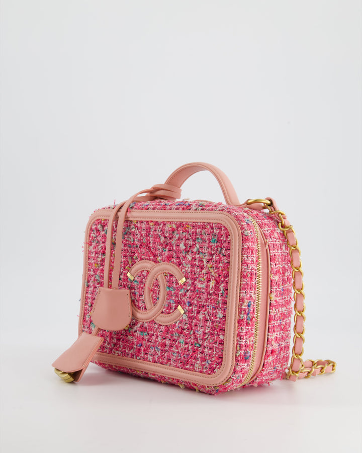 *SUPER HOT* Top Quality Chanel Pink Medium CC Filigree Vanity Case Bag in Tweed with Brushed Gold Hardware and Chain Detail