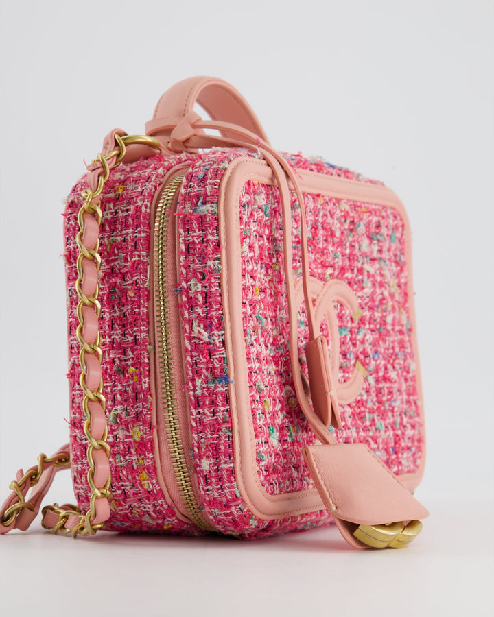 *SUPER HOT* Top Quality Chanel Pink Medium CC Filigree Vanity Case Bag in Tweed with Brushed Gold Hardware and Chain Detail