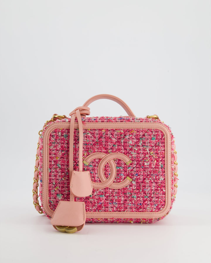 *SUPER HOT* Top Quality Chanel Pink Medium CC Filigree Vanity Case Bag in Tweed with Brushed Gold Hardware and Chain Detail