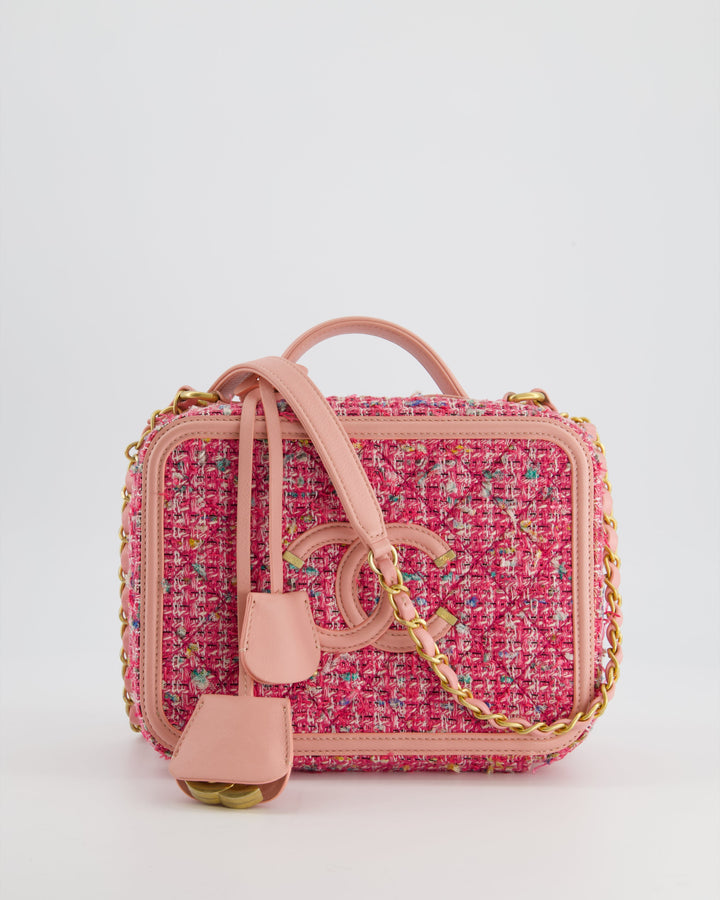 *SUPER HOT* Top Quality Chanel Pink Medium CC Filigree Vanity Case Bag in Tweed with Brushed Gold Hardware and Chain Detail