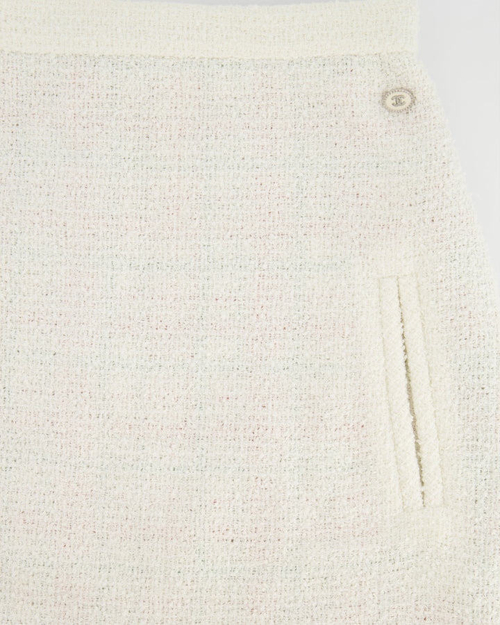 Top Quality Chanel Cream Tweed Mini Skirt with CC Logo Detailing Size FR 36 (UK 8)