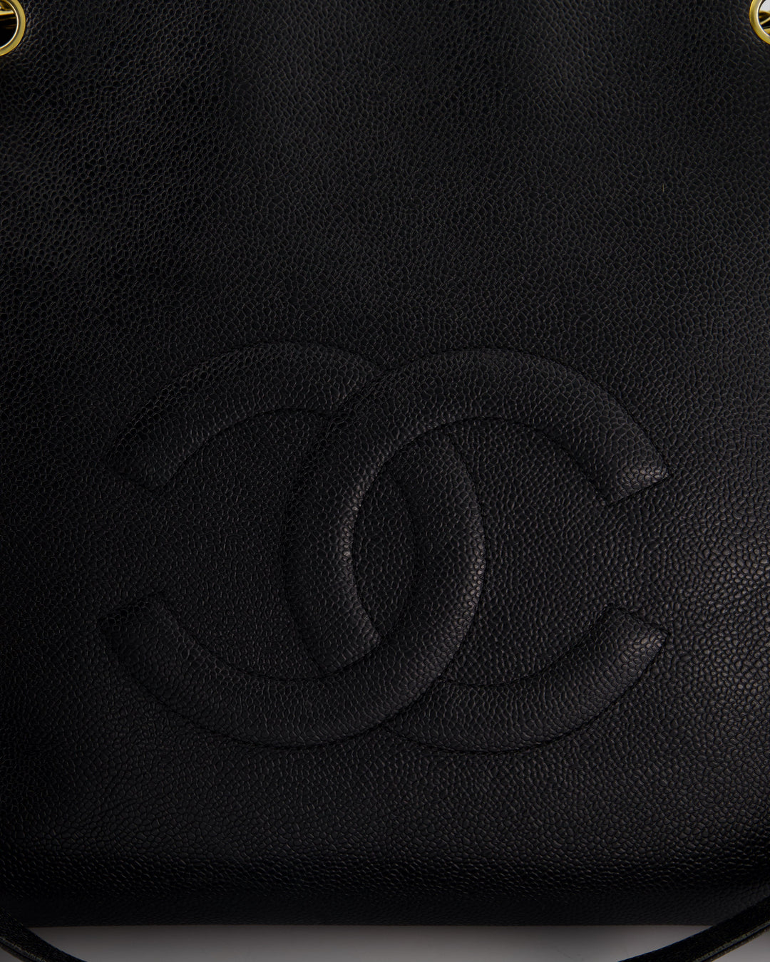 *HOT* Chanel Black Vintage XL Coco Mark Shoulder Bag in Caviar Leather with 24K Gold Hardware
