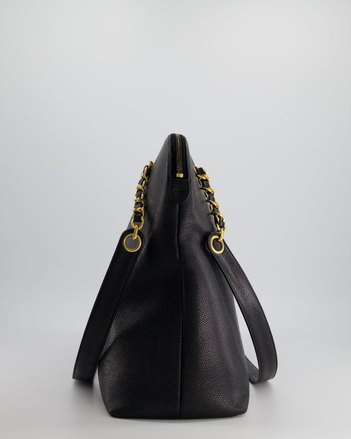 *HOT* Chanel Black Vintage XL Coco Mark Shoulder Bag in Caviar Leather with 24K Gold Hardware