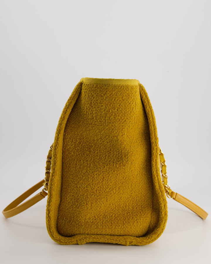 *HOT* Top Quality Chanel Mustard Yellow Small Deauville Tote Bag in Velvet Tweed with Champagne Gold Hardware