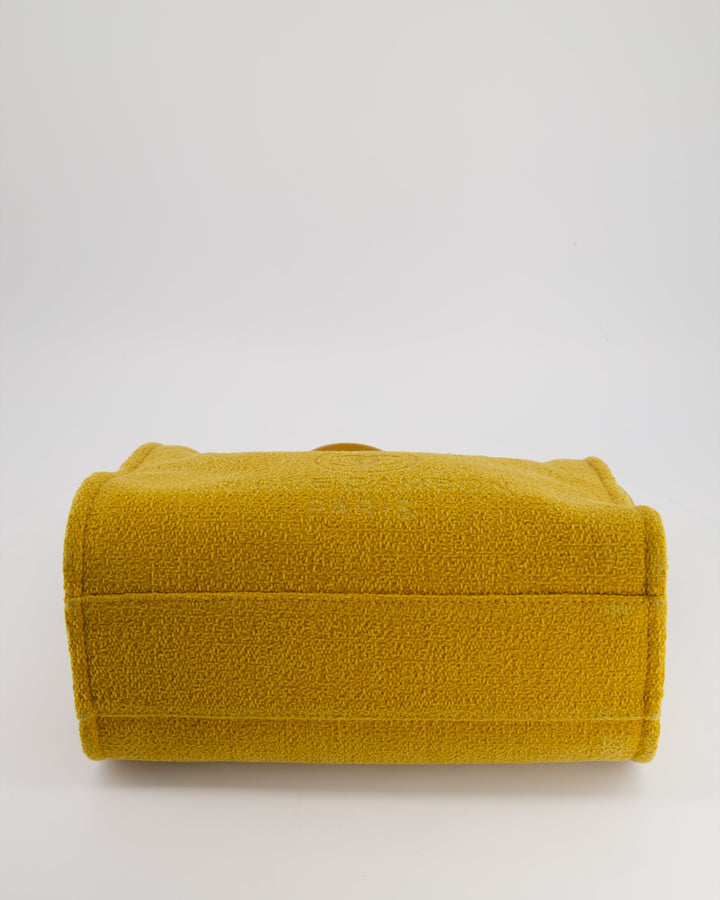 *HOT* Top Quality Chanel Mustard Yellow Small Deauville Tote Bag in Velvet Tweed with Champagne Gold Hardware