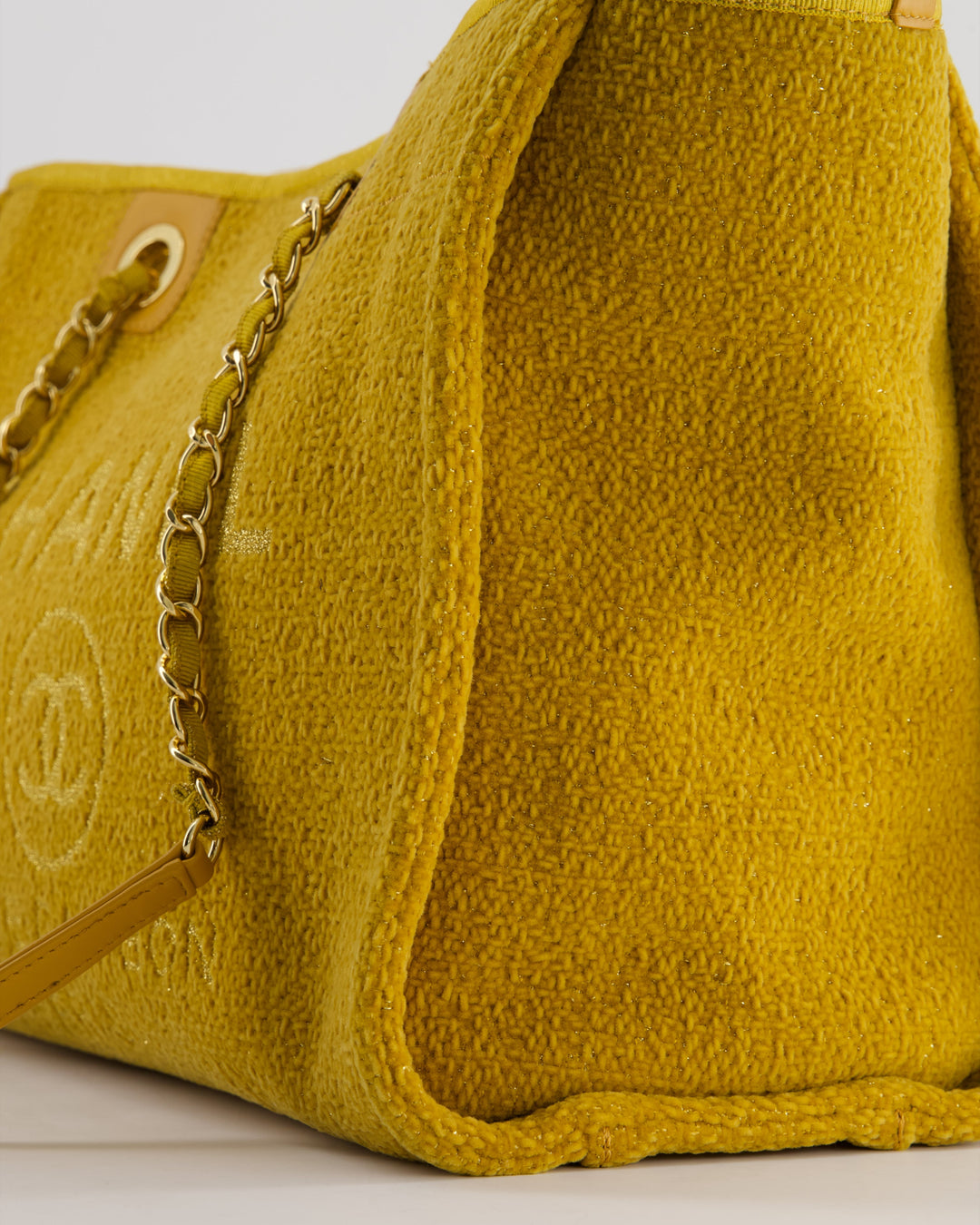 *HOT* Top Quality Chanel Mustard Yellow Small Deauville Tote Bag in Velvet Tweed with Champagne Gold Hardware
