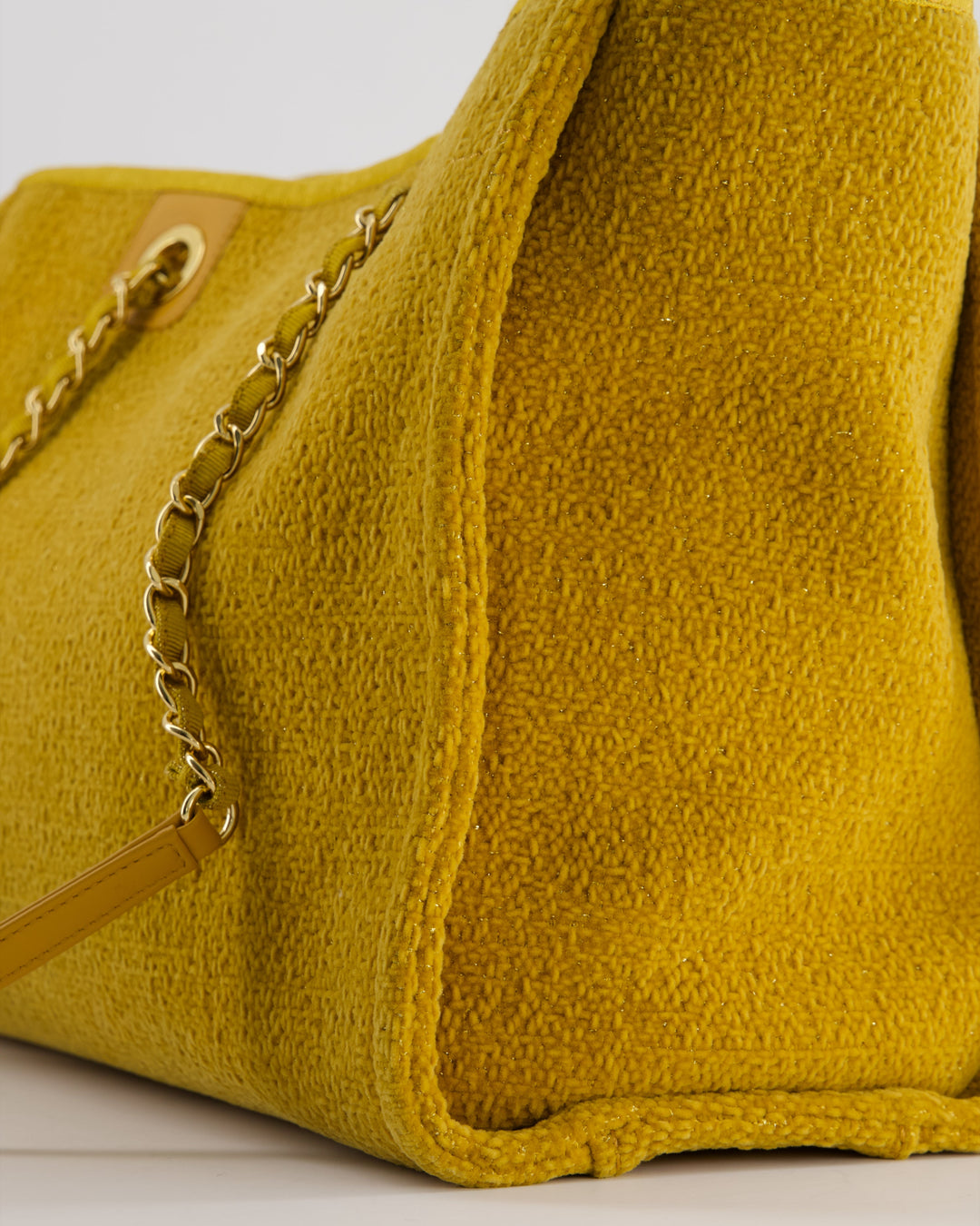 *HOT* Top Quality Chanel Mustard Yellow Small Deauville Tote Bag in Velvet Tweed with Champagne Gold Hardware