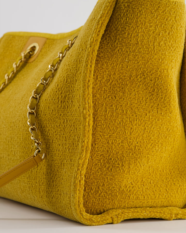*HOT* Top Quality Chanel Mustard Yellow Small Deauville Tote Bag in Velvet Tweed with Champagne Gold Hardware