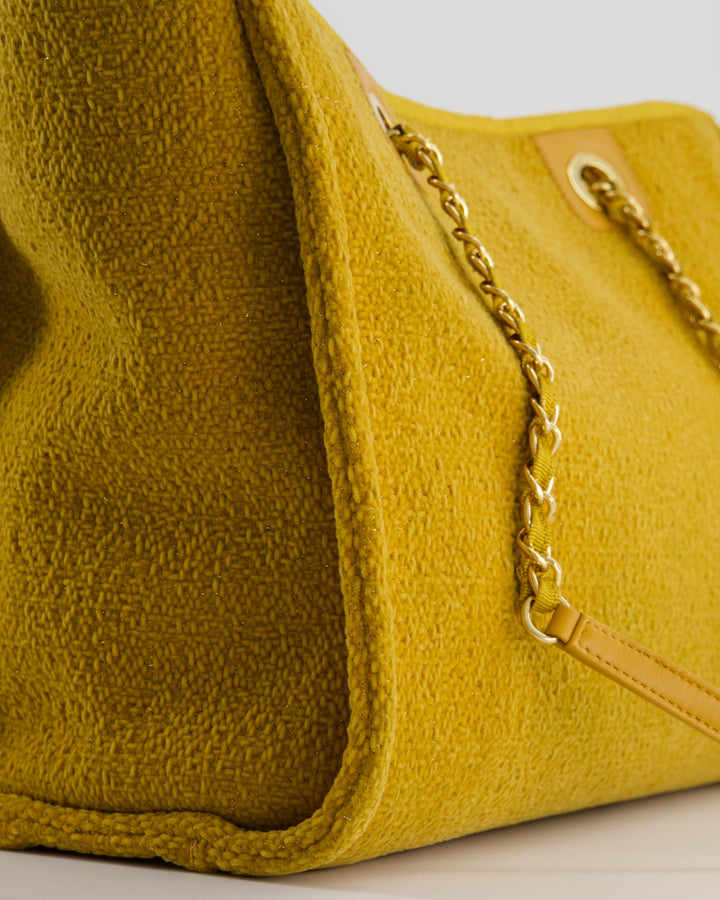 *HOT* Top Quality Chanel Mustard Yellow Small Deauville Tote Bag in Velvet Tweed with Champagne Gold Hardware