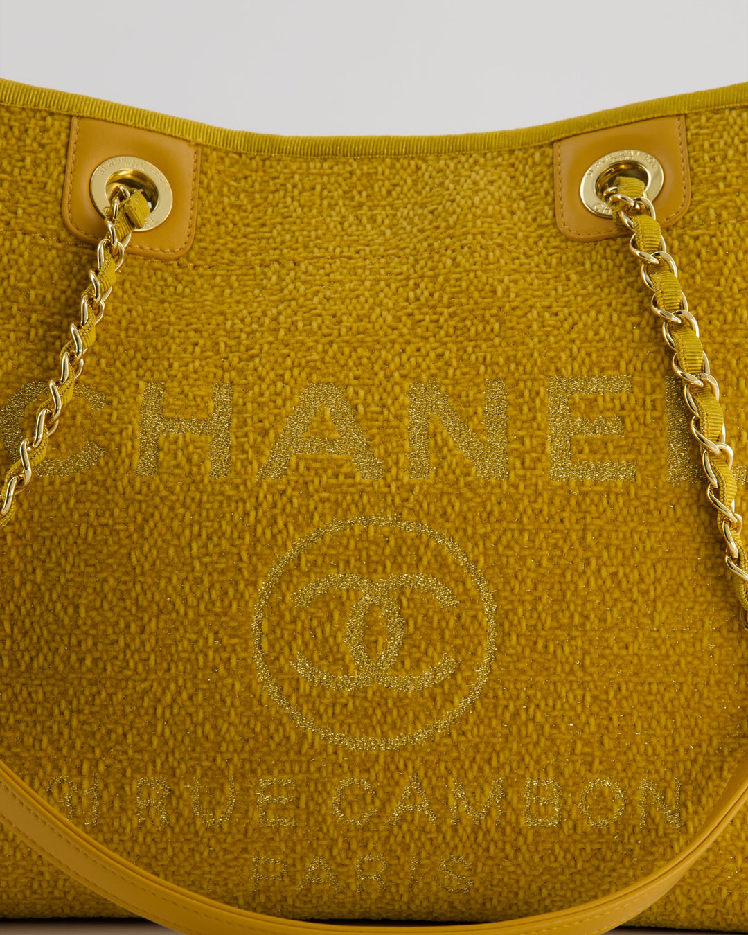 *HOT* Top Quality Chanel Mustard Yellow Small Deauville Tote Bag in Velvet Tweed with Champagne Gold Hardware