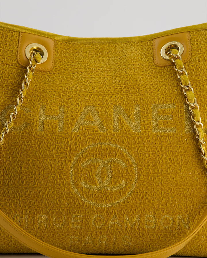 *HOT* Top Quality Chanel Mustard Yellow Small Deauville Tote Bag in Velvet Tweed with Champagne Gold Hardware