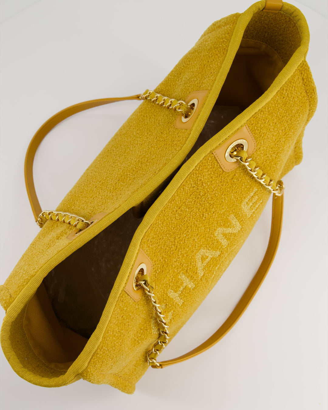 *HOT* Top Quality Chanel Mustard Yellow Small Deauville Tote Bag in Velvet Tweed with Champagne Gold Hardware
