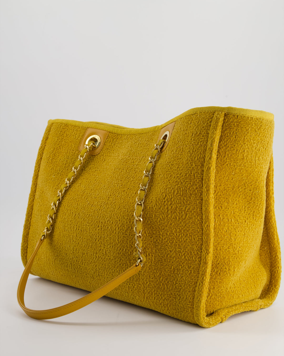 *HOT* Top Quality Chanel Mustard Yellow Small Deauville Tote Bag in Velvet Tweed with Champagne Gold Hardware