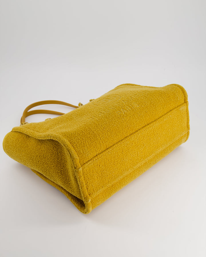 *HOT* Top Quality Chanel Mustard Yellow Small Deauville Tote Bag in Velvet Tweed with Champagne Gold Hardware