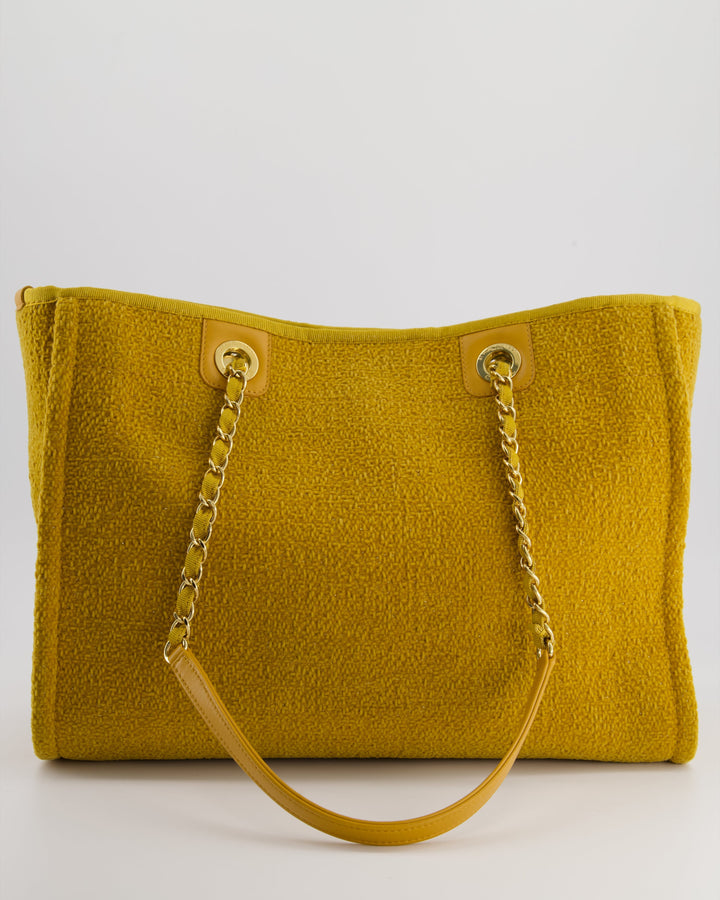 *HOT* Top Quality Chanel Mustard Yellow Small Deauville Tote Bag in Velvet Tweed with Champagne Gold Hardware