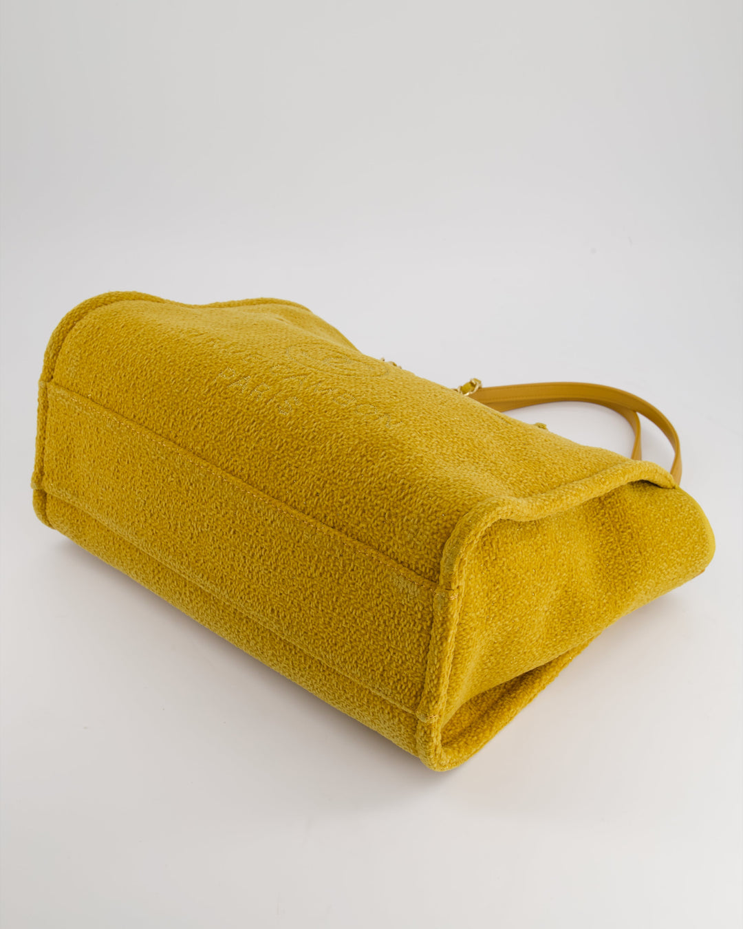 *HOT* Top Quality Chanel Mustard Yellow Small Deauville Tote Bag in Velvet Tweed with Champagne Gold Hardware