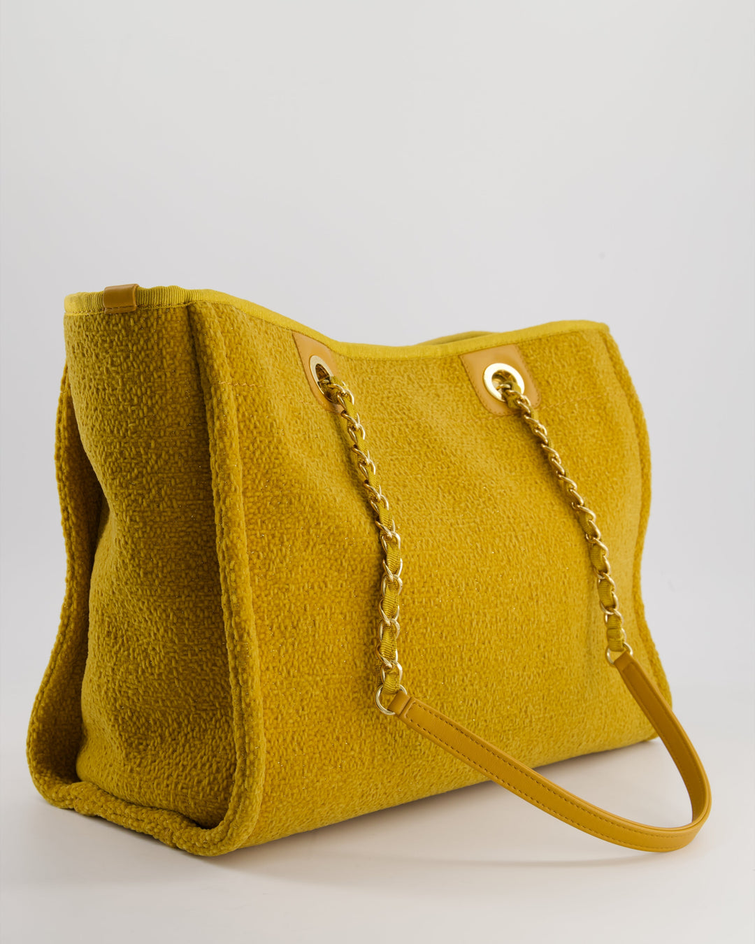 *HOT* Top Quality Chanel Mustard Yellow Small Deauville Tote Bag in Velvet Tweed with Champagne Gold Hardware