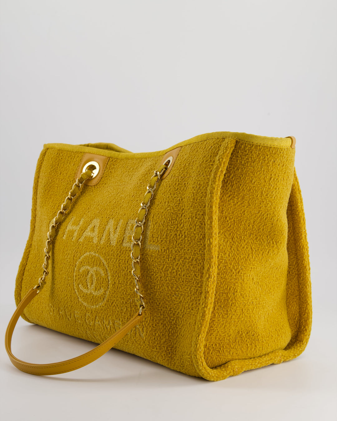 *HOT* Top Quality Chanel Mustard Yellow Small Deauville Tote Bag in Velvet Tweed with Champagne Gold Hardware